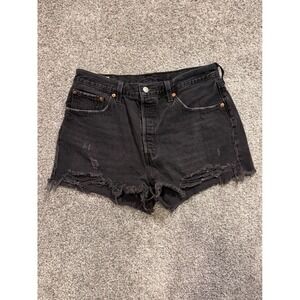Levis 501 Shorts Womens 32 Black Premium Distressed Button Fly Cutoff Denim